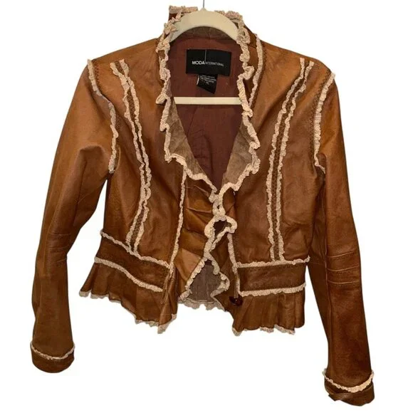 moda international FESTIVAL genuine leather contrast brown cream ruffle jacket M - Picture 1 of 5